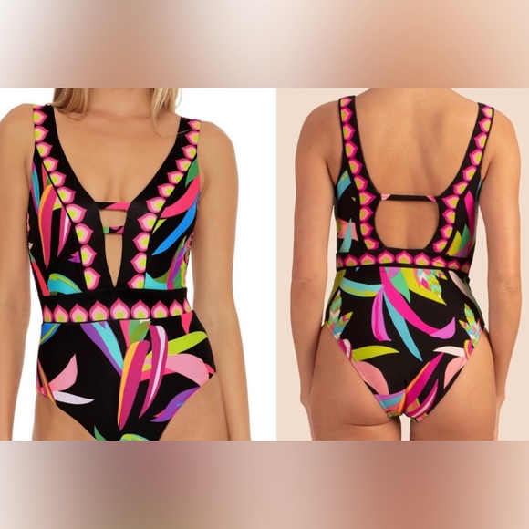 Trina Turk Other - NWT Trina Turk  Birds of Paradise One Piece Swimsuit Plunge V Neck Multi Color